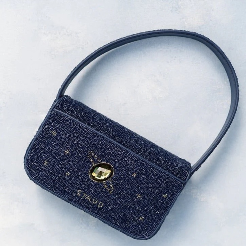 STAUD Navy Beaded Shoulder Bag with Multicolored Gem Embellishments - Picture 3 of 10